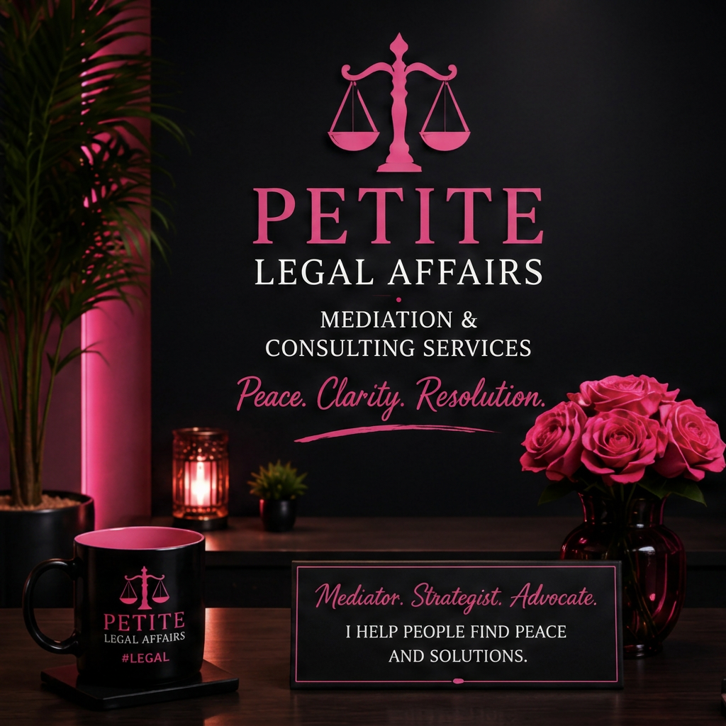 Petite Legal Affairs brand identity flat-lay with cream paper, magenta accent, and gold foil