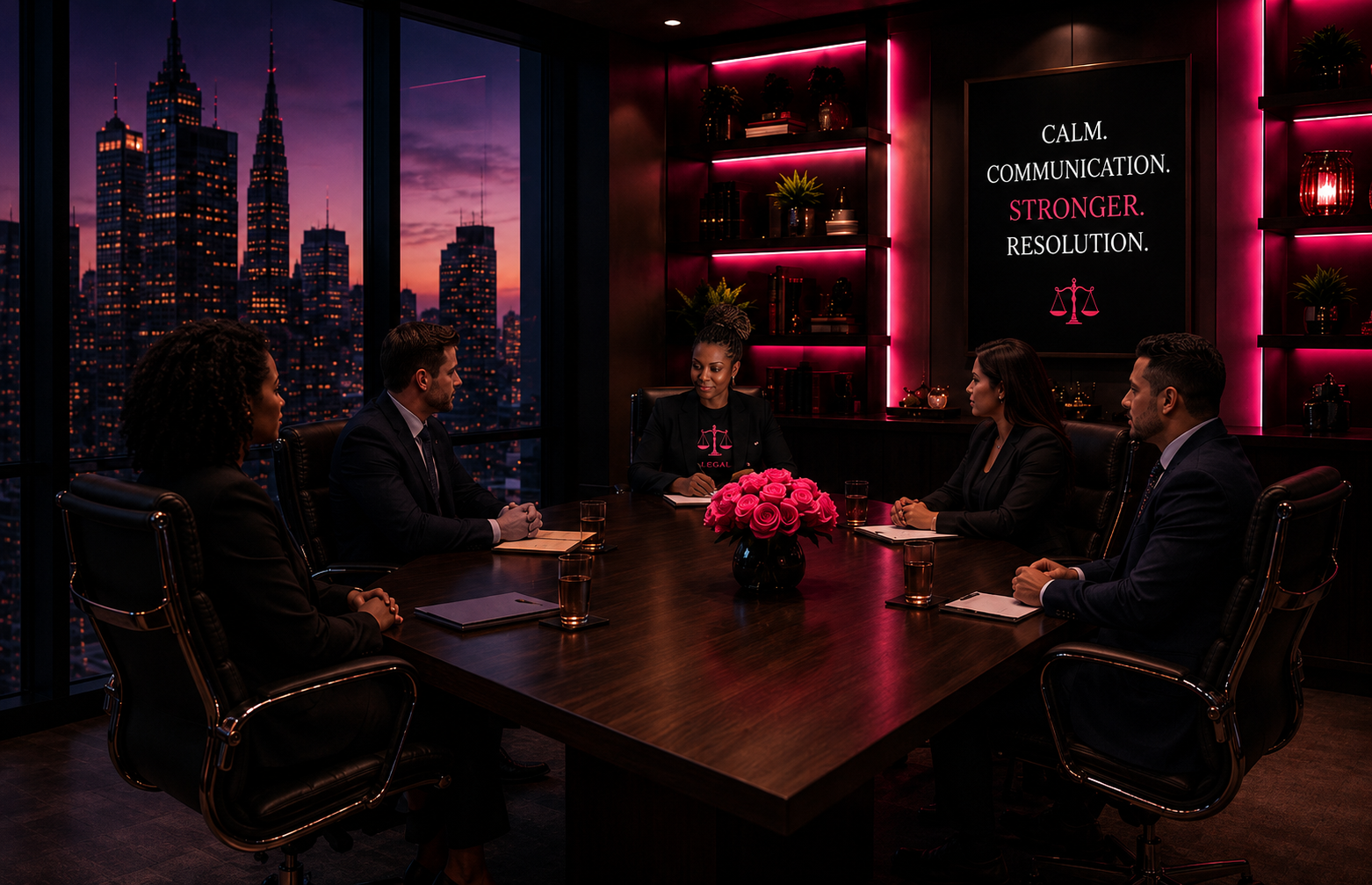 Two professionals in calm conversation across a long boardroom table